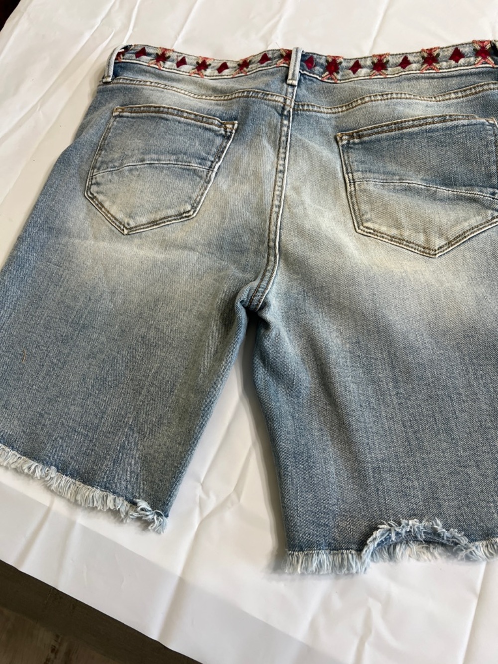DRIFTWOOD Light Blue Denim Shorts with Red Embroidered Trim - Picture 14 of 15